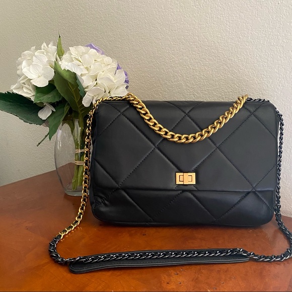 None Handbags - *READ Black Leather Flap Ombre Quilted Chain Crossbody Top Handle Purse Bag S4
